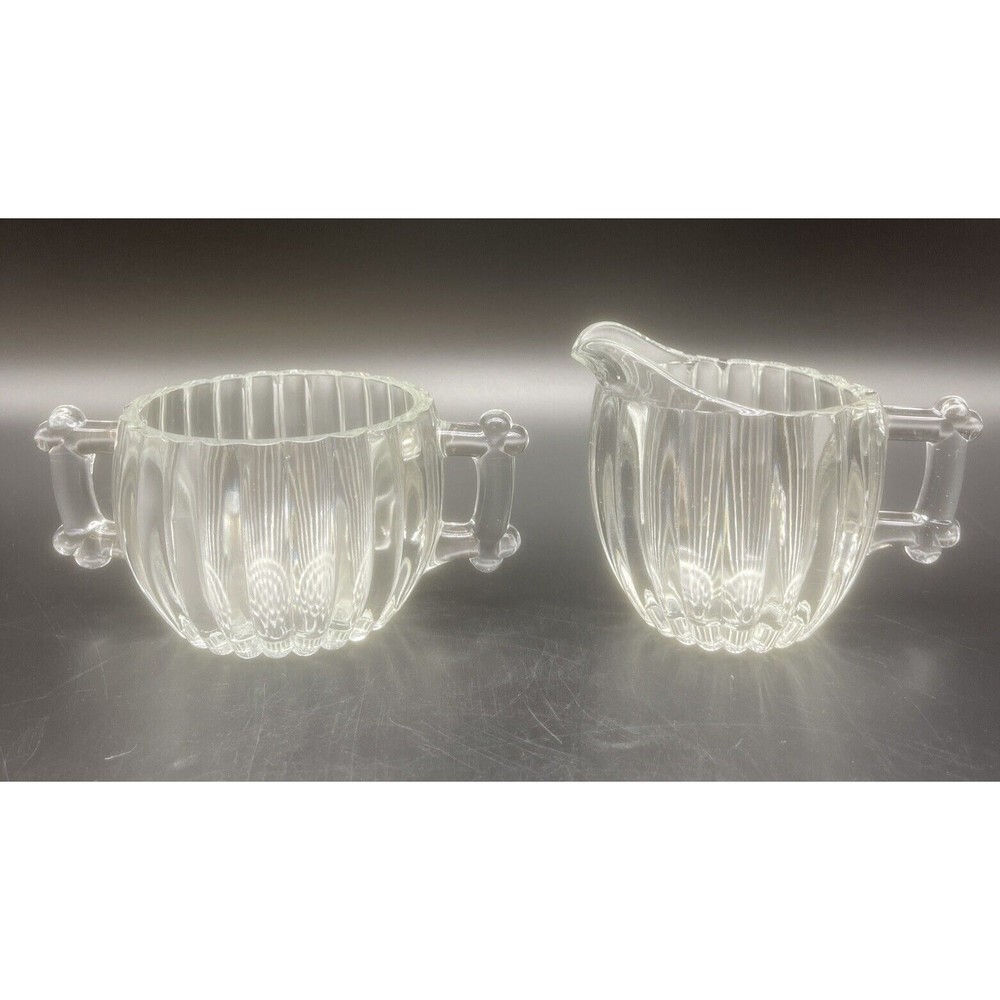 VTG Jeannette Clear Ribbed Glass‎ Sugar & Creamer Set